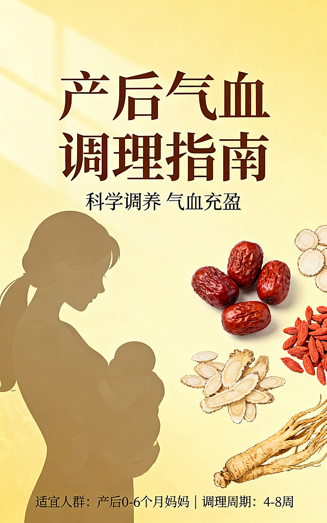 产后气血调理科普海报，温馨柔和风格，暖黄色调背景，简洁文字排版，适合产后养生宣传，尺寸750像素宽1200像素高