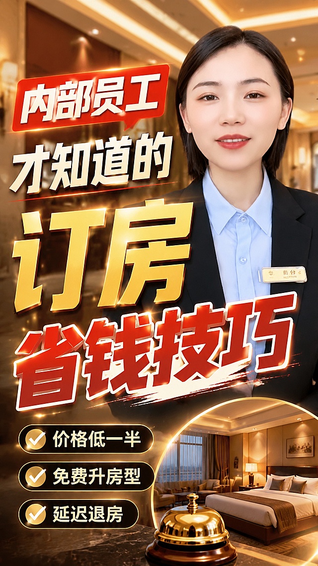 按照爆款短剧封面设计，基于这张酒店前台员工图片重新设计，添加大字文字内容“内部员工才知道的订房省钱技巧”，文字重点突出，清晰醒目，打造吸引人的爆款短剧封面风格，比例为9:16