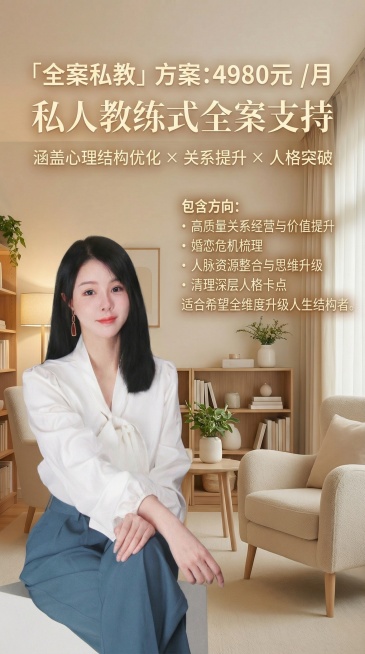 更换温馨心理咨询风格浅色背景，将人物缩小放置在画面左侧，使用亮眼醒目的字体呈现文字："全案私教」方案:4980元／月 私人教练式全案支持 涵盖心理结构优化 × 关系提升 × 人格突破 包含方向： •预览效果