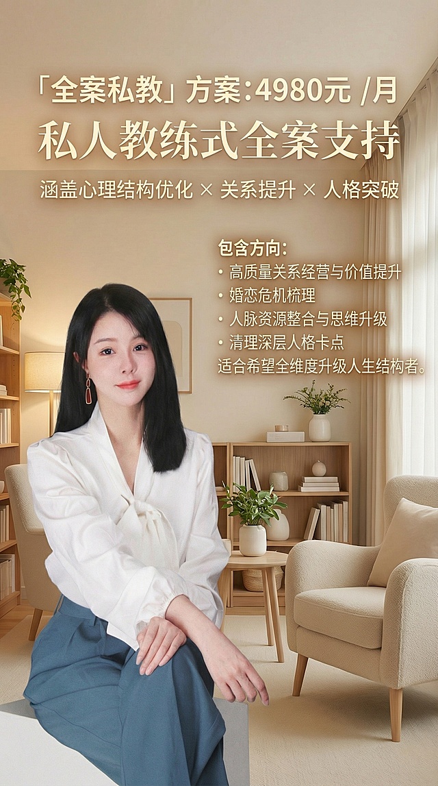更换温馨心理咨询风格浅色背景，将人物缩小放置在画面左侧，使用亮眼醒目的字体呈现文字："全案私教」方案:4980元／月 私人教练式全案支持 涵盖心理结构优化 × 关系提升 × 人格突破 包含方向： • 高质量关系经营与价值提升 • 婚恋危机梳理 • 人脉资源整合与思维升级 • 清理深层人格卡点 适合希望全维度升级人生结构者。"