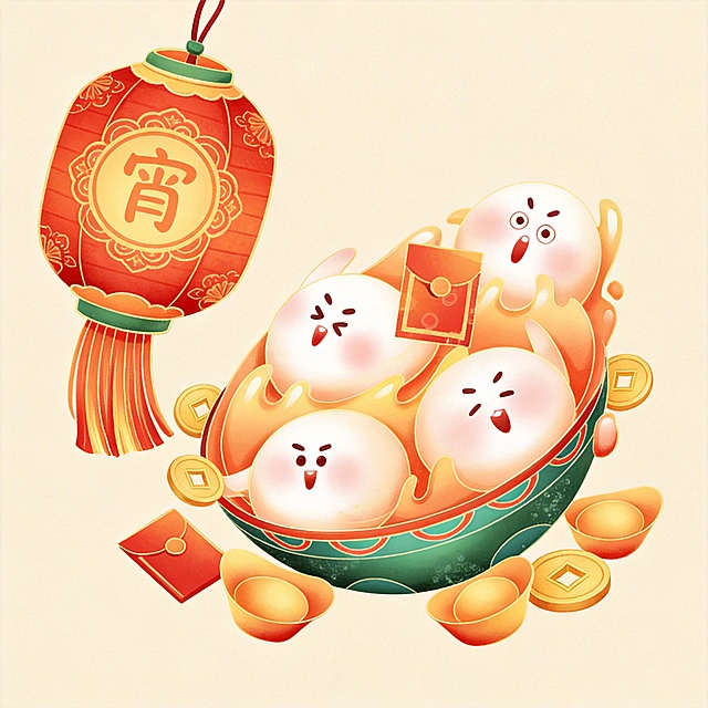 可爱风格元宵元素图，包含拟人化汤圆、元宵灯笼、金元宝等元素，风格参考上传的图片