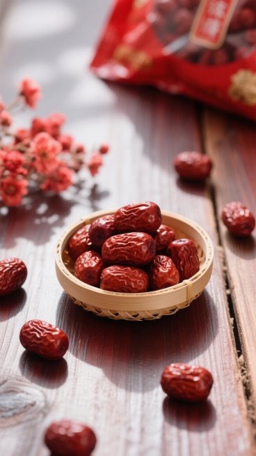 近景俯拍，浅棕色竹编小碗盛着饱满红枣，周围散落几颗红枣，背景虚化红色花朵包装袋，左上方侧光打在红枣上，显自然褶皱纹理与光泽，木纹桌面光影斑驳，深红色主调配木色，干净风格，适配背景素材。预览效果