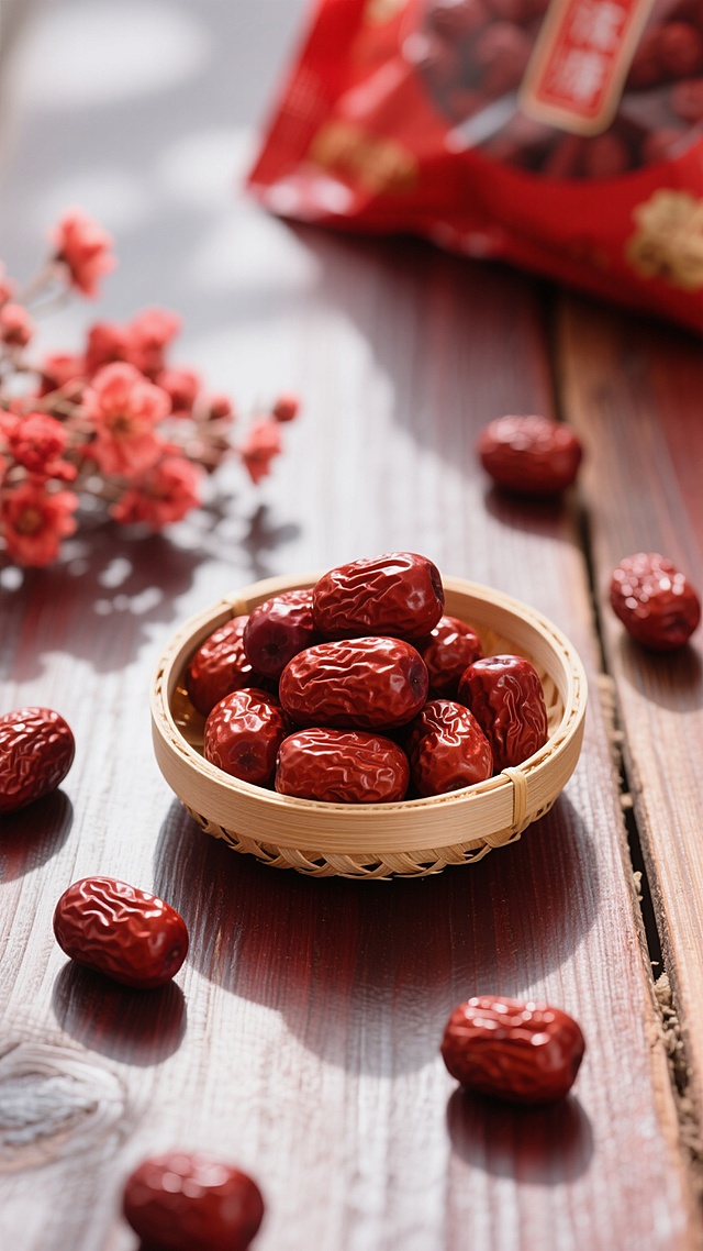 近景俯拍，浅棕色竹编小碗盛着饱满红枣，周围散落几颗红枣，背景虚化红色花朵包装袋，左上方侧光打在红枣上，显自然褶皱纹理与光泽，木纹桌面光影斑驳，深红色主调配木色，干净风格，适配背景素材。