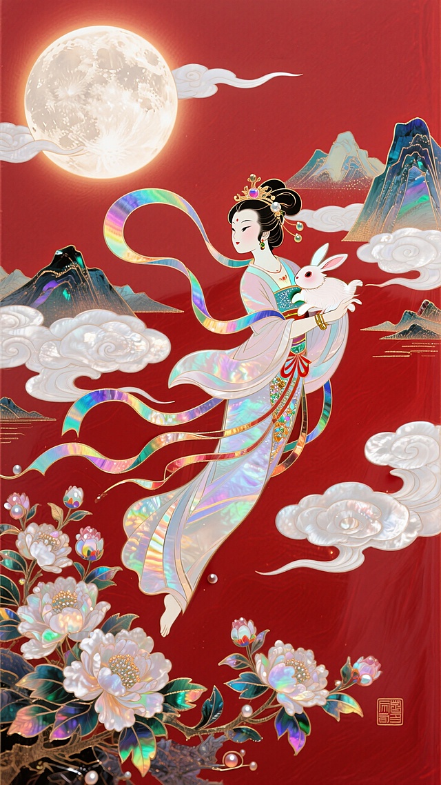 日漫风格，嫦娥怀抱玉兔奔向一轮圆月，衣摆飘逸。周围环绕着祥云和盛开的花朵，背景山脉，红色底色，非常规的动态构图