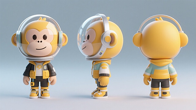 卡通潮玩，黄色猴子拟人，巨大的头，宇航员玻璃头罩，搞怪，可爱，时尚的服饰，纯色背景