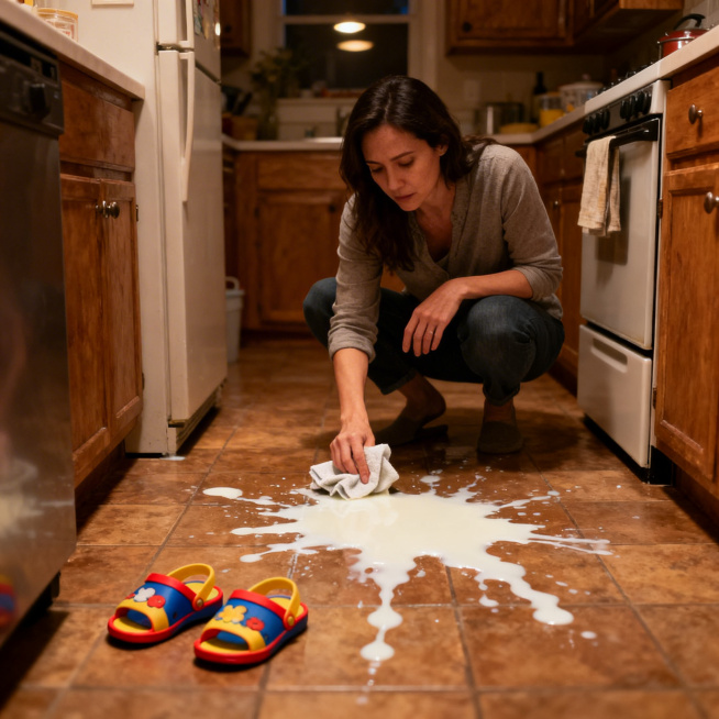 厨房地面，打翻的牛奶流淌一地，一双儿童拖鞋站在旁边，母亲蹲下身拿着抹布准备擦拭，氛围是犯错后的瞬间，宽容的开始，暖调灯光，写实风格，温馨治愈预览效果