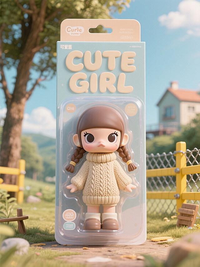 软3D风卡通女孩，可爱感十足，温暖色调设计，田园背景增添童趣。