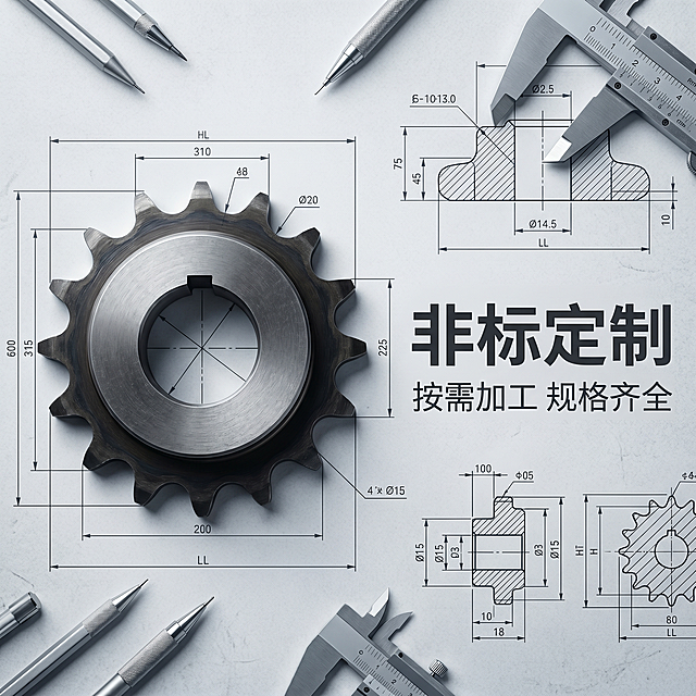 [主图3] 工业链轮非标定制展示主图，机械硬核风格，适配淘宝天猫1:1比例2K分辨率；[氛围风格] 工业定制专属感，硬核金属质感；[画质] 商业工业摄影质感，光线均匀通透，产品细节清晰真实；[元素] 工业链轮放置在画面左侧，保持链轮外观、金属材质、淬火色泽与原图完全一致，右侧背景为浅灰工业图纸纹理，图纸上绘制链轮的尺寸标注线与参数示意图，散落几支银色绘图铅笔与游标卡尺局部，商品主体占比60%，整体画面满屏无边框；[光影] 柔和顶光均匀照亮链轮与图纸，金属表面形成自然漫反射，无强烈反光刺眼；[配色] 主色调浅灰图纸色，辅助色银白金属色、链轮深灰金属黑，整体低饱和工业冷静感；[视角构图] 平视正视角，景深适中，链轮与图纸层次分明，视觉重心从链轮自然过渡到定制图纸；[文字版式] 画面右侧图纸区域左对齐，大字粗体深灰文案「非标定制」，下方辅助小字「按需加工 规格齐全」，文字与图纸纹理融合不突兀，不遮挡链轮主体；[负向提示词] 变形，水印，文字错乱，产品模糊，背景杂乱，图纸元素失真