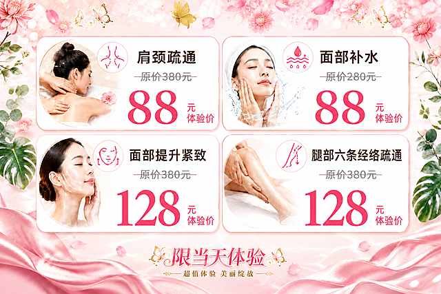 基于参考图的美容体验海报，做以下调整：

1. 将顶部大标题"限当天体验"改小，移到画面下方（底部区域），作为底部标题呈现，字体缩小到原来的约1/3大小，保持粉色艺术字风格
2. 副标题"超值体验 美丽绽放"也随主标题一起移到下方，放在主标题下方或旁边
3. 把中间的4个项目卡片整体放大，占据画面大部分中央区域，卡片尺寸明显增大，卡片内的图片、文字和价格数字也相应放大，更加醒目
4. 左上角项目名称"肩颈梳理疏通"改为"肩颈疏通"，其余三个项目名称保持不变
5. 顶部原来标题的位置用花朵、蝴蝶、绿叶、光斑等装饰元素自然填充，保持画面美观协调
6. 两侧的植物叶片装饰保留，整体风格保持一致
7. 底部丝绸飘带保留，标题放在飘带上方区域

保留的项目内容：
- 肩颈疏通 原价380元 体验价88元
- 面部补水 原价280元 体验价88元
- 面部提升紧致 原价380元 体验价128元
- 腿部六条经络疏通 原价380元 体验价128元

整体版式精美，项目卡片大而清晰，价格醒目，底部标题小巧精致。画面中所有数字和价格必须精确渲染，不得错位、遗漏或编造。