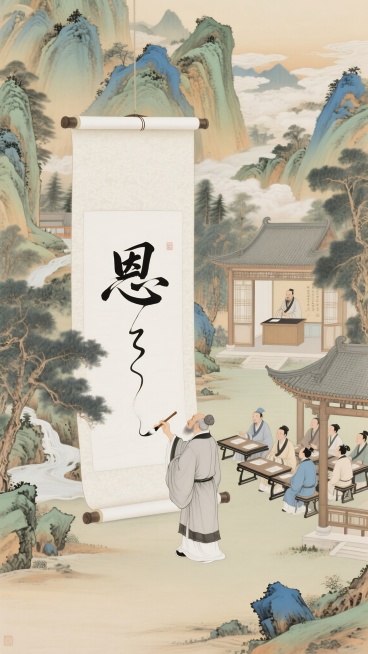 一幅精美的工笔画，画面中央有一贴巨大的卷轴从天空垂落至地面，卷轴表面洁白，质地细腻。一位身着古代长袍的老者立于卷轴前方，手持大毛笔，正在卷轴上挥洒书写一个苍劲有力的草书“恩”字，老者身姿挺拔，神情专注预览效果