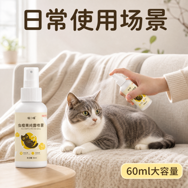 [主图-4] 猫咪虫瘿果纯露喷雾使用场景展示图。[氛围风格] 真实生活场景感，和整套主图风格统一；[画质] 商业摄影质感，光线柔和通透，产品清晰真实，画面干净高级。[元素] 保持喵小暖虫瘿果纯露喷雾产预览效果