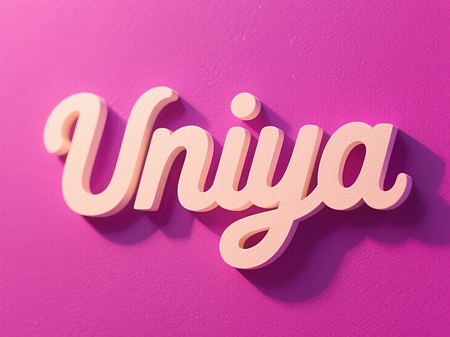 竖向浅色文字“Uniya"，线条流畅，纸雕艺术字。创意字体设计童趣活泼。紫红色背景。