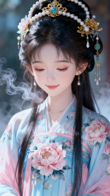 古风宫廷二次元少女，冷白皮精致娃娃脸，凤眼细长微眯垂眸，温柔浅笑，长发细腻，淡蓝粉色古风宫廷华服大花纹，精致华丽发饰，特写镜头，朦胧氛围感，厚涂细腻质感，超高清细节，轻烟缭绕预览效果