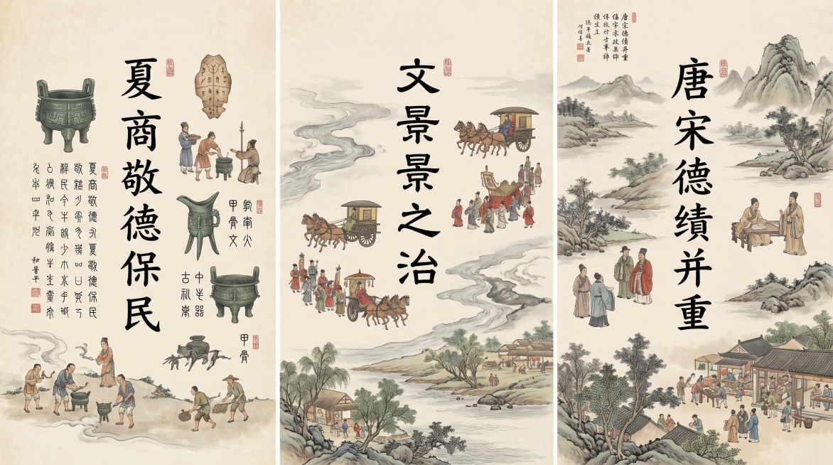 横版16:9，中国古风工笔淡彩长卷，从左至右依次展示三个古代治理理念主题：夏商敬德保民，搭配甲骨文和青铜元素；汉代文景之治，搭配车马出行元素；唐宋德绩并重，搭配山水人文元素，每个主题间用水墨烟云过渡，预览效果