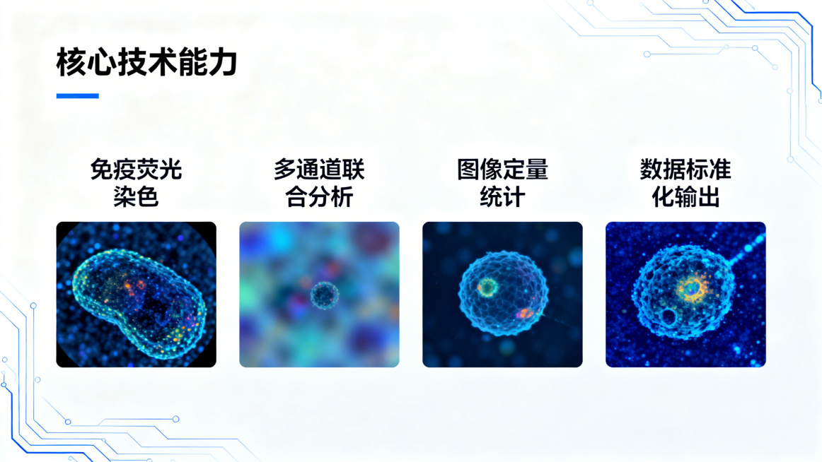 白底科技蓝风格，标题“核心技术能力”，横向四模块排版“免疫荧光染色”“多通道联合分析”“图像定量统计”“数据标准化输出”，背景为虚化显微荧光图，科技线条装饰，极简高级风，高清8K，无水印预览效果