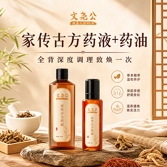产品封面图，主色调为暖橙色#e08b31，写实风格，尺寸800x800，放置提供的logo在画面上方，主标题文字"家传古方药液+药油 全背深度调理致焕一次"，整体设计简洁大方，符合养生调理产品的定位