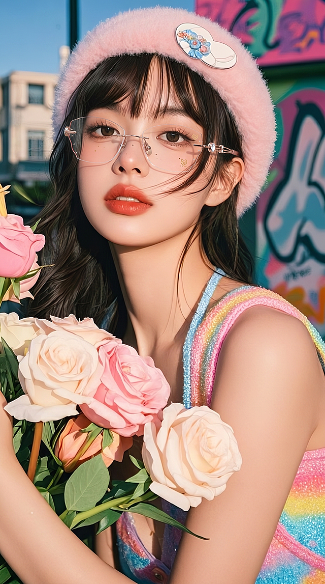 去除女主的耳环，让女主戴上第二张图里的玫瑰金色无框钻石眼镜，保持无框眼镜的款式细节不变，整体自然贴合面部