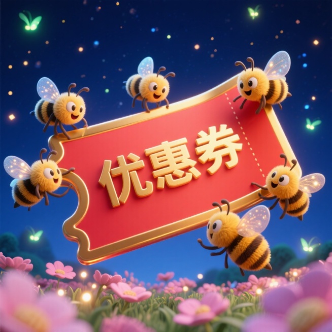 一群小蜜蜂争抢着一张巨大的红金票券（上面写着“优惠券”），底部是散发微光的粉色花丛，背景是布满星光和萤火虫的深蓝夜空。预览效果