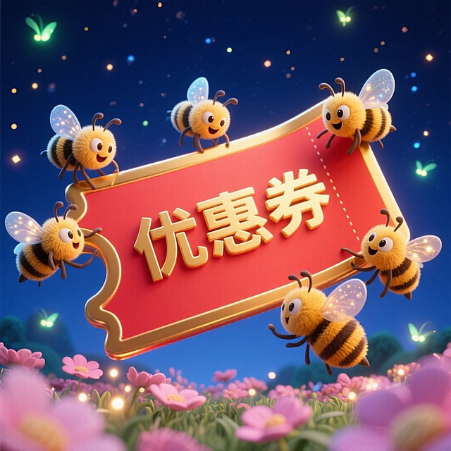 梦幻夜空下，萌趣小蜜蜂环绕红色优惠券，软3D毛发生长风搭配粒子光效，拟人卡通设计传递双11温馨促销氛围。