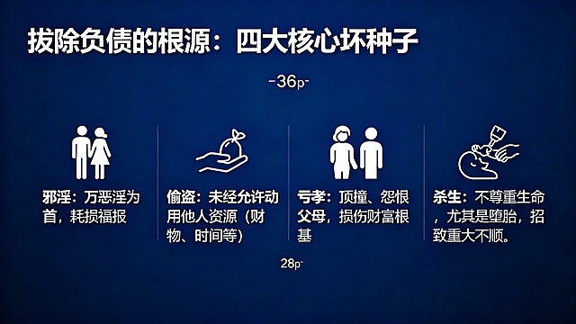 PPT文稿

第1页：封面页

标题：财富与债务真相：种子法则深度解析

副标题：探寻丰盛人生的根本法则

备注：可选用一棵破土而出的幼苗或广阔田野的图片作为背景，象征播种与希望。

第2页：目录/议程

标题：今日旅程

内容：

重新认识财富与债务

财富种子的四大显化法则

债务背后的种子根源

转化路径与日常实践

备注：简洁列出议程，让听众对整体结构有清晰预期。

第3页：互动导入：你眼中的财富与债务

标题：财富与债务，究竟是什么？

内容：

财富 = 金钱、资产、物质？

债务 = 压力、负担、失败？

种子视角：它们都是内在种子的显化。

设计建议：可配以问号或天平图标，引发思考。此页配合您的开场互动。

第4页：财富真相：种瓜得瓜，种豆得豆

标题：财富的真谛：慷慨的果实

核心观点：财富不是追求来的，是种出来的。

关键句：“德者本也，财者末也。”- 《大学》

设计建议：使用“种子→幼苗→参天大树→果实”的递进图示。

第5页：财富种子的四大法则（1/2）

标题：四大法则：驾驭财富的底层逻辑

内容：

法则一（性质相同）：想要钱，先种钱。

法则二（先种后收）：舍得，舍得，有舍才有得。

设计建议：每条法则配一个简洁的图标，如法则一用“=”号图标，法则二用“播种”图标。

第6页：财富种子的四大法则（2/2）

标题：四大法则：驾驭财富的底层逻辑

内容：

法则三（时间错后）：耐心等待，静候花开。

法则四（种子要真）：动机至善，私心了无。

设计建议：法则三可用“时钟”图标，法则四可用“钻石”或“心形”图标，强调纯粹。

第7页：财富卡点的种子根源

标题：为何总感觉匮乏？——财富卡点的根源

内容：

匮乏感 ← 吝啬的种子

恐惧失去 ← 不信任的种子

嫉妒他人 ← 幸灾乐祸的种子

设计建议：可使用“锁链”或“路障”的视觉符号，表示这些是阻碍。

第8页：债务真相：反向的种子显化

标题：债务：非我所愿，为何而来？

核心观点：债务是“索取”、“不守承诺”等种子的显化。

关键句：凡夫畏果，菩萨畏因。

设计建议：背景可选用略显沉重但非绝望的色调或图片，如阴云，但透有一丝光。

第9页：导致负债的四大核心坏种子

标题：拔除负债的根源：四大核心坏种子

内容：

邪淫：万恶淫为首，耗损福报。

偷盗：未经允许动用他人资源（财物、时间等）。

亏孝：顶撞、怨恨父母，损伤财富根基。

杀生：不尊重生命，尤其是堕胎，招致重大不顺。

设计建议：采用图标+关键词的形式，视觉化呈现这四点，强烈警示。

第10页：从负债到解脱的真实案例

标题：案例：从负债2000万到坦然翻转

内容（简要提炼）：

全然地接纳与承担，不怨天尤人。

以真诚和良知面对债主，制定可行还款计划。

聚焦于“致良知”，在因上努力，果上随缘。

设计建议：可配以“灯塔”或“道路”的图片，象征希望与方向。此案例极具说服力。

第11页：转化的核心：心念与行为的转向

标题：转化的路径：从索取到给予

内容：

心念：从恐惧 → 信任；从嫉妒 → 随喜。

行为：从索取 → 给予；从算计 → 慷慨。

设计建议：使用左右对比或向上箭头图示，清晰展示转化方向。

第12页：日常实践四步法

标题：将种子法则融入每一天

内容：

识别：觉察当下的念头与行为。

选择：有意识地种下好种子（如“多给一块钱法”）。

灌溉：感恩（浇水）、祝福（施肥）、认错（松土）、改过（除草）。

等待：信任规律，不急不躁。

设计建议：用“1→2→3→4”的循环图或步骤图来呈现。

第13页：实践工具推荐：“种子日记”

标题：实践利器：种子日记

内容：

今日所种：记录1-3件主动给予或帮助他人的事。

今日感恩：记录1-3件值得感恩的人事物。

今日觉察：觉察并记录一个需要转化的坏种子。

设计建议：可展示一个简易的日记模板截图或手绘示意图。

第14页：案例分享与共鸣

标题：种子法则改变生活

内容：（可预留）

备注：此页用于展示您准备的1-2个学员真实案例。可简要列出案例的关键转折点和成果，引发共鸣。

第15页：总结回顾

标题：核心要点回顾

内容：

财富与债务，皆是内在种子的精确显化。

遵循四大法则，持续种下慷慨、诚信的种子。

拔除导致负债的坏种子，尤其是邪淫、偷盗、亏孝、杀生。

转变发生在每一个心念和行为的当下。

设计建议：采用图标化要点列表，强化记忆。

第16页：行动号召与结束页

标题：从知道到做到，开启丰盛之旅

行动号召：

今天，立即种下3个财富种子！

开始记录“种子日记”，坚持21天！

加入实践社群，与同道中人共修成长！

结束语：愿你的心田，遍种丰盛的种子！感谢聆听！

设计建议：背景选用充满希望和光明的图片，如日出或繁花盛开的田野。

PPT设计建议

设计风格：整体保持简洁、专业。选择对比鲜明的配色（如白字深蓝底或深灰底），确保可读性。一页中颜色最好不超过三种。

字体与排版：使用无衬线字体（如微软雅黑、Arial），标题字号建议36pt以上，正文字号28pt以上。确保文字对齐，留有足够留白。

图文结合：适当使用高质量、寓意相关的图片或图标来辅助表达，避免页面全是文字。慎用复杂的动画和过渡效果，以免分散注意力。

希望这套PPT能有效支持您的演讲！