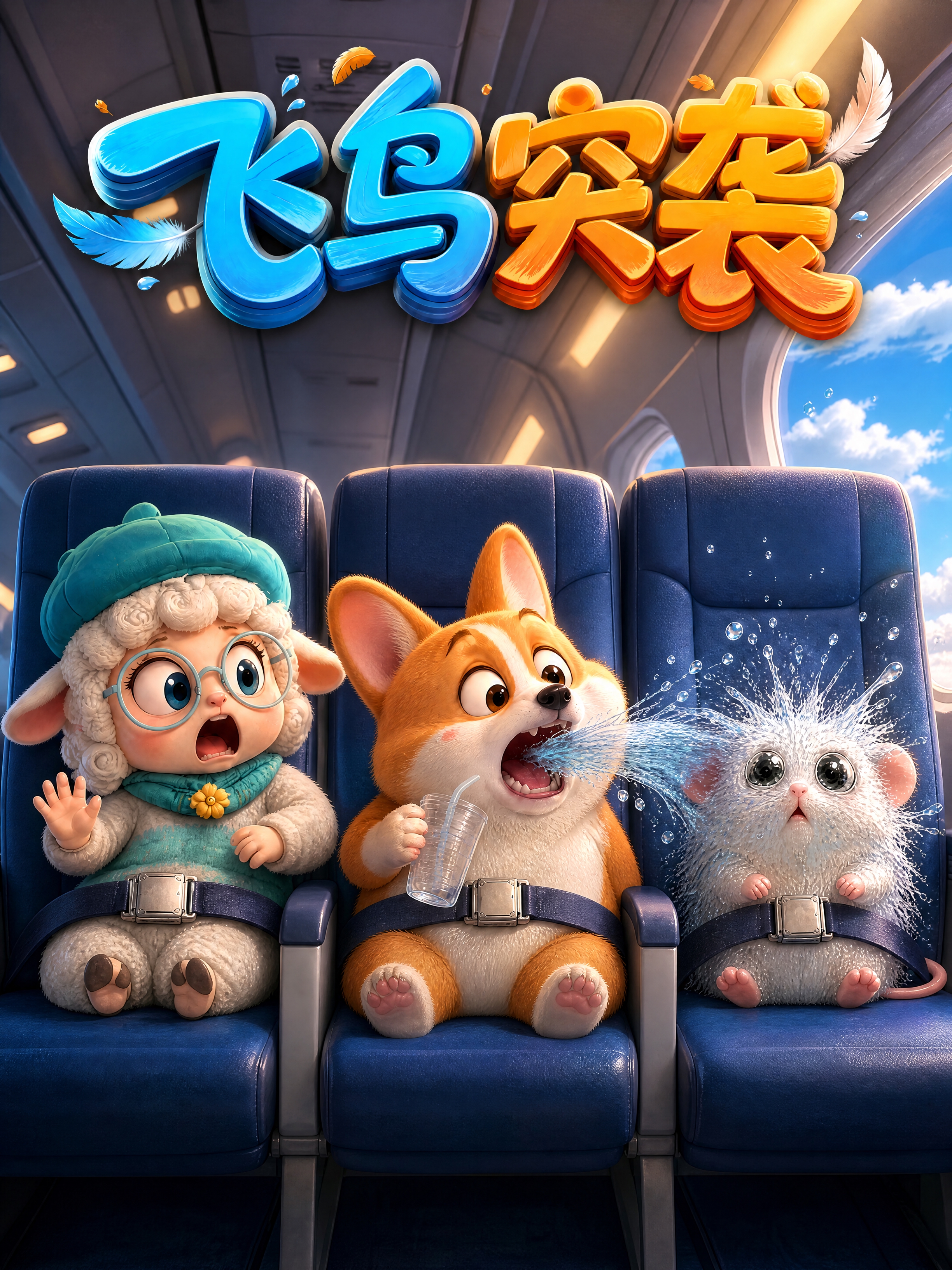保持标题"飞鸟突袭"、飞机机舱背景、整体风格、光影、三个角色的… - 图片创意预览