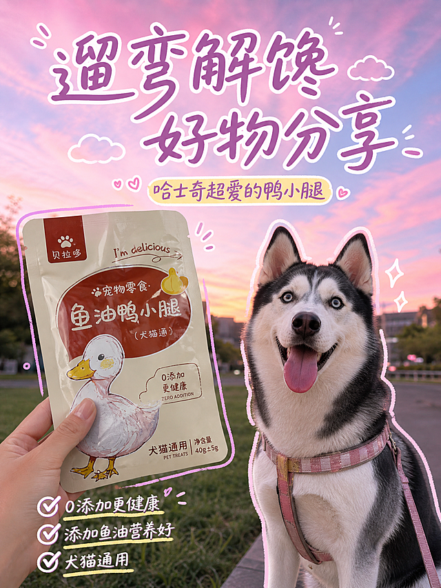 小红书封面图，贝拉哆鱼油鸭小腿宠物零食，参考图为晚霞治愈手绘描边风格，展示产品包装和哈士奇狗狗合影，主标题“遛弯解馋好物分享”，副标题“哈士奇超爱的鸭小腿”，卖点文字“0添加更健康 添加鱼油营养好 犬猫通用”，晚霞粉色天空背景，自然治愈风格，适合小红书竖版封面