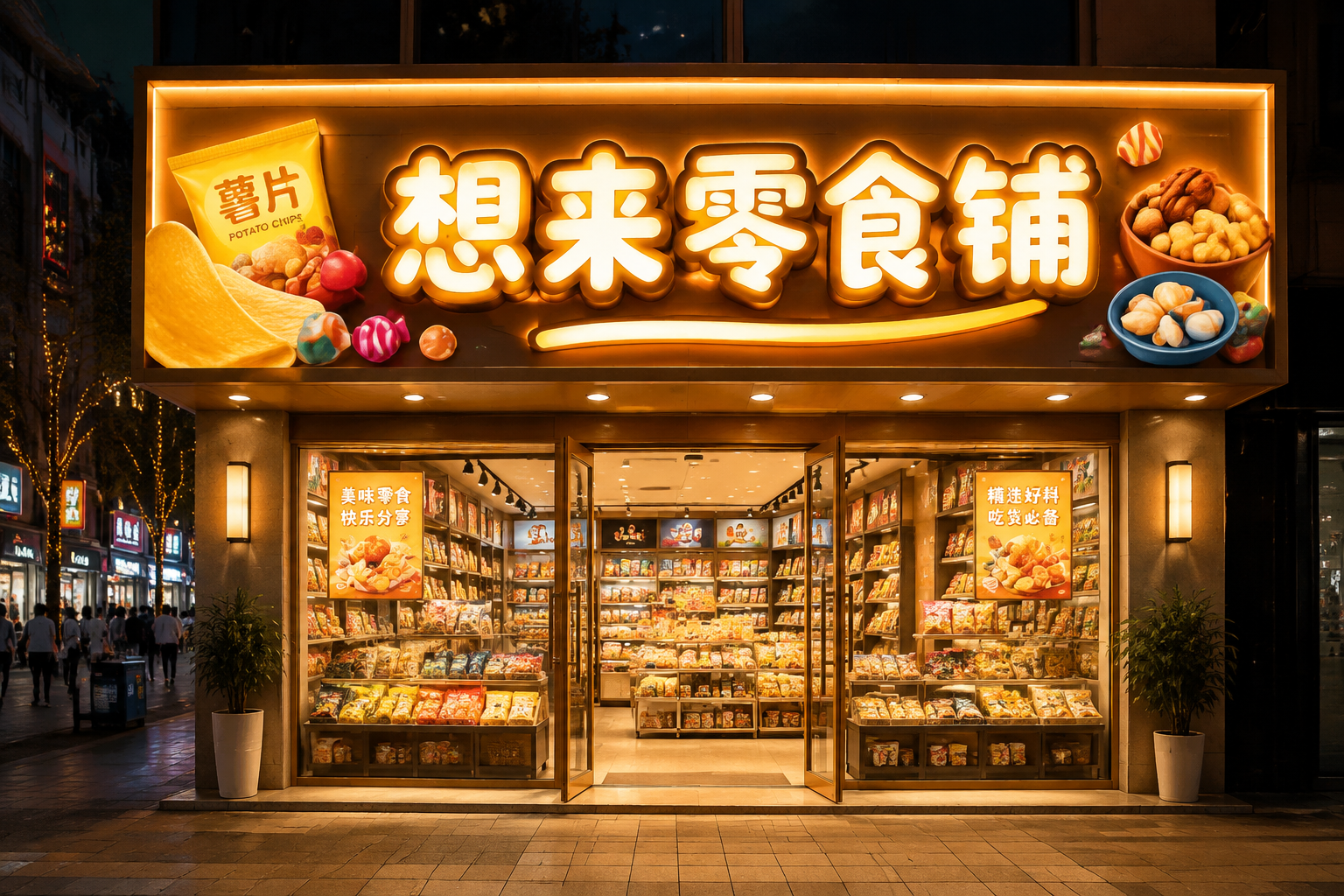 想来零食铺店铺门头招牌设计，现代简约风格，暖色调为主，招牌上有… - 图片创意预览