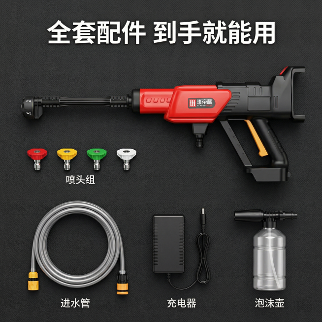 [主图 6] 配件齐全展示
[氛围/风格] 规整陈列，清晰展示，专业可信
[画面元素] 保持原洗车枪产品外观形状不变，洗车枪主机放在C位，周围规整陈列全套配件：不同型号喷头、进水管、充电器、泡沫壶，都预览效果