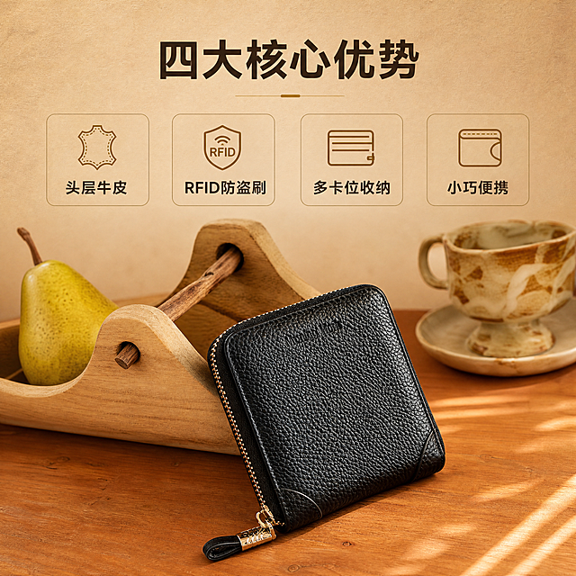 [商品] 使用【图7】黑色短款拉链钱包；商品处理：保留方形短款结构、荔枝纹头层牛皮、金属拉链、包角缝线、正面压印Logo、颜色和比例；增强皮纹质感和五金高光，自然理顺皮面。
[画面] 目标：设计理念与核心卖点页。构图：上文下图，上方文字区约40%，下方产品区约60%；主体位置：画面下方居中偏右，钱包斜放于木质托盘旁；主体占比约50%；摆放角度：正面微侧俯视角；景别：中近景；阅读动线：上方大标题→4个卖点图标→下方产品；前中后景：前景木质桌面纹理、中景钱包+木托盘+梨子道具、后景虚化墙面与杯子；场景：温暖木质家居桌面场景，午后侧光。
[视觉] 套系策略：风格=简约高级商务休闲质感商业摄影；标题字=现代简约无衬线粗体；正文字=简洁无衬线体；主色=深棕暖调；背景延展=基于深棕暖调做深浅层级、同色渐变和细腻木纹/纸张质感；强调色=暖金色，仅用于小面积图标、引线和标签；标题色=深炭棕；正文色=中暖灰；组件=圆角浅棕信息卡、细线引线；光影=左前侧暖柔光，柔和阴影。
[文字] 上方居中主标题"四大核心优势，下方横向排列4个图标+短卖点：「头层牛皮」「RFID防盗刷」「多卡位收纳」「小巧便携」，每个卖点配简约线条图标；文字不遮挡钱包主体。
[规格] 图片比例1:1方形，4K，避免变形、错字、文字过小、冷蓝/蓝灰背景、钱包颜色改变、版型失真、极限词。