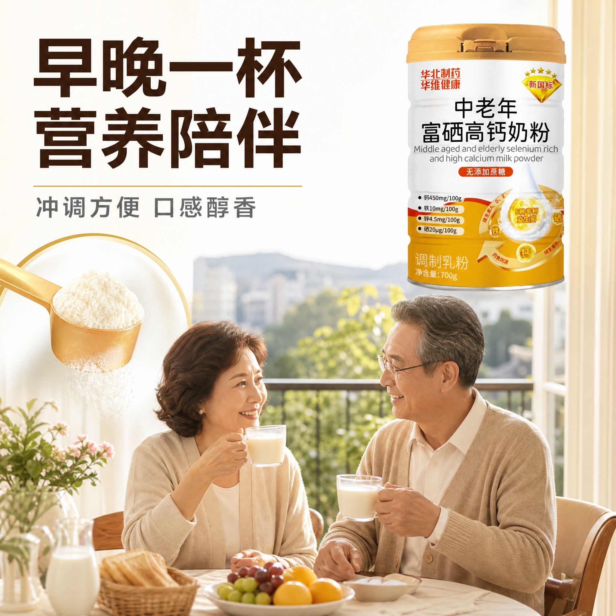 [主图-4] 日常饮用场景图，展示中老年日常冲饮奶粉的生活场景… - 图片创意预览