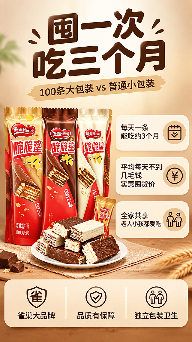 [商品] 使用【图4】雀巢脆脆鲨威化饼干量贩装囤货展示；保留大包装袋的红金配色、雀巢品牌标识、脆脆鲨产品名，保留多口味包装外观；去除画面右下角AI生成水印；修复包装上文字模糊和反向问题，使包装文字清晰正向可读。
[画面] 目标：量贩囤货收尾，突出100条大包装性价比与全家共享；构图：顶部大标题+左产品右卖点+底部3大保障；产品占画面50%，左侧3袋大包装+前方白盘威化饼干，右侧3个卖点卡；阅读动线从上到下、从左到右；前景饼干盘，中景大包装主体，后景浅蓝渐变清爽背景。
[视觉] 套系策略：风格=食欲感商业美食摄影；标题字=粗黑体厚重圆润；正文字=简洁无衬线体；主色=巧克力深棕；背景延展=基于暖棕+米黄做深浅层级、同色渐变和细腻木纹/纸质质感；强调色=奶白色，仅用于小面积图标、引线和标签；标题色=深巧克力棕；正文色=暖棕灰；组件=圆角信息卡、盾牌图标、底部三栏保障区；光影=正面柔光，包装有光泽，饼干清晰。
[文字] 顶部主标题"囤一次 吃三个月"；副标题"100条大包装 vs 普通小包装"；右侧3个圆角卖点卡从上到下："每天一条 能吃约3个月"配日历图标、"平均每天不到几毛钱 实惠囤货价"配钱币图标、"全家共享 老人小孩都爱吃"配双人图标；底部三栏保障："雀巢大品牌""品质有保障""独立包装卫生"，各配盾牌/对勾/双人图标；文字均为横排。
[规格] 图片比例9:16竖版，4K，负向提示：避免变形、错字、文字过小、AI水印、包装文字反向、饼干颜色改变、绝对化用语、虚假承诺。