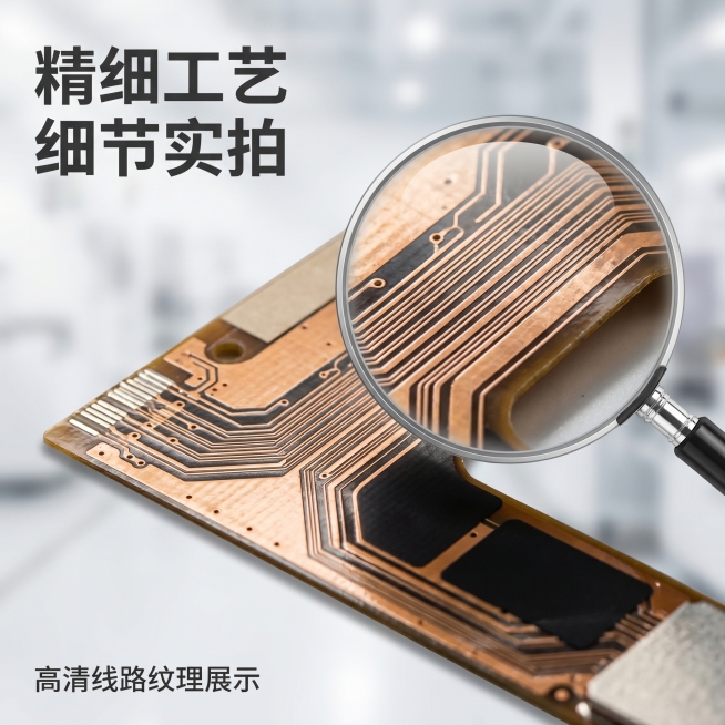 [主图 3] PCB线路板材质细节特写图。[氛围风格] 专业明亮工业风，突出材质精细质感和轻薄特性。[画质] 商业摄影质感、微距特写清晰、纹理细节丰富、画面干净明亮高级。[元素] 放大镜效果放大展示P预览效果