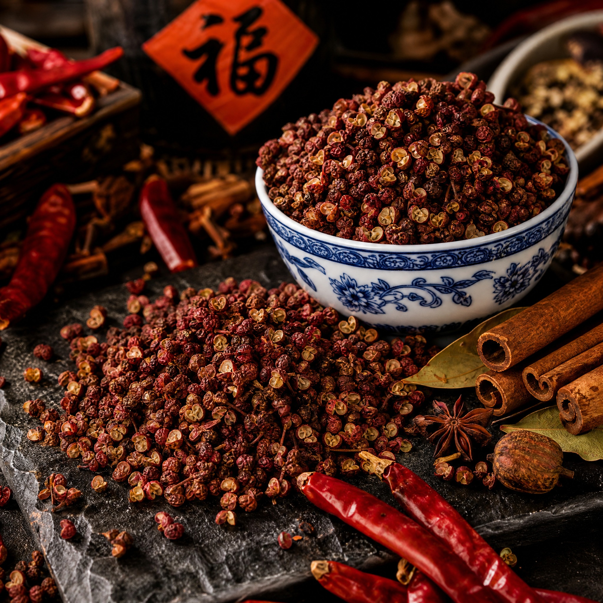 花椒宣传图片，精选干红花椒铺撒在深色石板上，旁边摆放着青花瓷小… - 图片创意预览