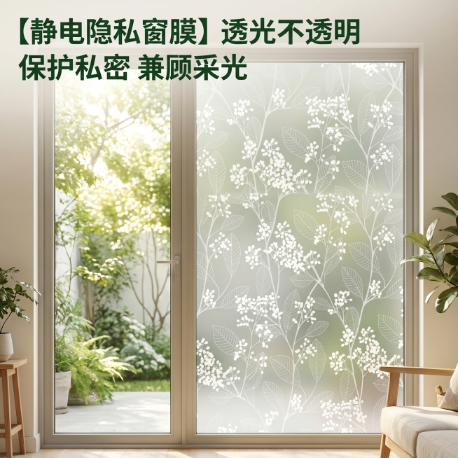 [主图 1] 静电隐私窗膜家居场景首图。[氛围风格] 温馨舒适家居治愈风；[画质] 商业摄影质感、光线柔和通透、产品清晰真实、画面干净高级；[元素] 贴好静电隐私窗膜的玻璃门窗居中展示，窗膜带有淡雅花预览效果