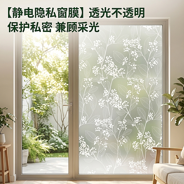 [主图 1] 静电隐私窗膜家居场景首图。[氛围风格] 温馨舒适家居治愈风；[画质] 商业摄影质感、光线柔和通透、产品清晰真实、画面干净高级；[元素] 贴好静电隐私窗膜的玻璃门窗居中展示，窗膜带有淡雅花叶图案，窗外是明亮的绿色自然庭院，室内光线柔和通透，保持窗膜外观、花色、材质质感与输入产品图绝对一致，杜绝任何变形和色差，精细化处理。商品主体占比严格控制在70%左右，画面满屏无边框；[光影] 上午自然光从窗外照射进来，光线柔和漫射，整体色温偏暖，通透不灰蒙，窗玻璃形成自然漫反射高光，暗部层次清晰，整体光影舒适温馨；[配色] 主色调为浅灰绿、米白色，清新淡雅，搭配自然木色；[视角构图] 平视四分之三视角，主体居中，景深适中，轮廓完整不裁切；[文字版式] 左上负空间左对齐留安全边距，主副标题不遮挡产品主体。主标题 "【静电隐私窗膜】透光不透明" 深绿色最大号粗体无衬线；副标题 "保护私密 兼顾采光" 约半高、同色略浅；[比例分辨率] 1:1比例，2k分辨率；文字清晰锐利，画面超高清；[负向提示词] 变形，水印，文字错乱，产品图模糊，背景杂乱