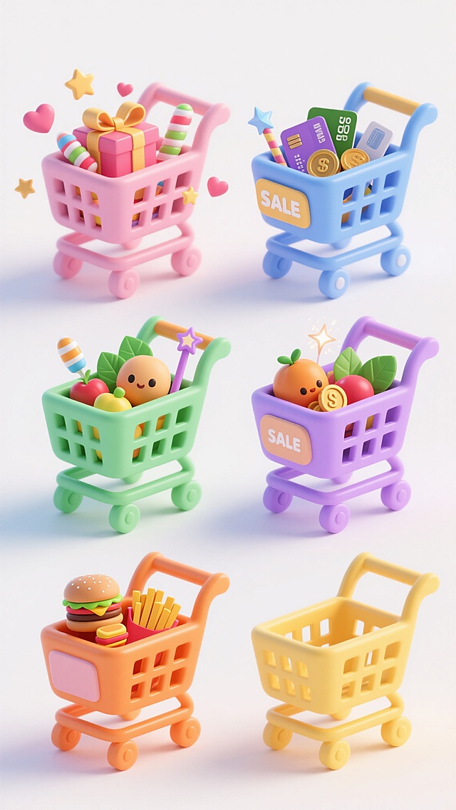 六个不同外观与色彩风格的购物车整齐排列，每个购物车都保持圆润可爱的3D低多边形风格，表面有光滑的塑料质感和柔和高光。第一个为粉色系购物车，装满彩色糖果和蝴蝶结礼盒，周围散落星星和爱心；第二个蓝色系购物车，内含信用卡、折扣券和金币，搭配“SALE”标签；第三个绿色系购物车，装满水果造型玩偶和绿叶装饰；第四个紫色系购物车，点缀魔法棒和闪光元素；第五个橙色系购物车，放置汉堡、薯条等快餐玩具；第六个黄色系购物车，保留原图经典元素。所有购物车均有渐变车轮和手柄，背景为纯白色，整体色彩明快活泼，充满童趣与购物氛围，构图均衡且信息传达清晰。