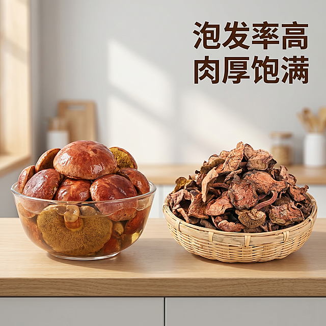 [主图 4] 云南红乳牛肝菌泡发展示场景体验图。
[氛围风格] 真实烹饪场景，代入日常生活感
[画质] 商业摄影质感、光线柔和通透、产品清晰真实、画面干净高级
[元素] 左侧玻璃碗中展示泡发好的红乳牛肝菌，饱满水嫩，右侧竹篮中摆放原干品，形成干湿对比，放置在简约厨房台面上，背景虚化。保持原干品云南红乳牛肝菌外观、物理结构、材质质感、颜色与输入产品图绝对一致，杜绝任何变形和色差，精细化处理。商品主体占比约65%，画面满屏无边框。
[光影] 厨房自然光，明亮柔和，突出泡发后菌子的饱满弹性
[配色] 原木台面浅灰色调，突出红棕色菌子主体，整体干净清新
[视角构图] 平视，左右分置构图，干湿对比清晰
[文字版式] 右上留白处写“泡发率高 肉厚饱满”，深棕色文字，简洁明了不遮挡产品
[比例分辨率] 1:1比例，2k分辨率；文字清晰锐利，画面超高清
[负向提示词] 变形，水印，文字错乱，产品图模糊，背景杂乱，牛皮癣，配色刺眼，遮挡主体