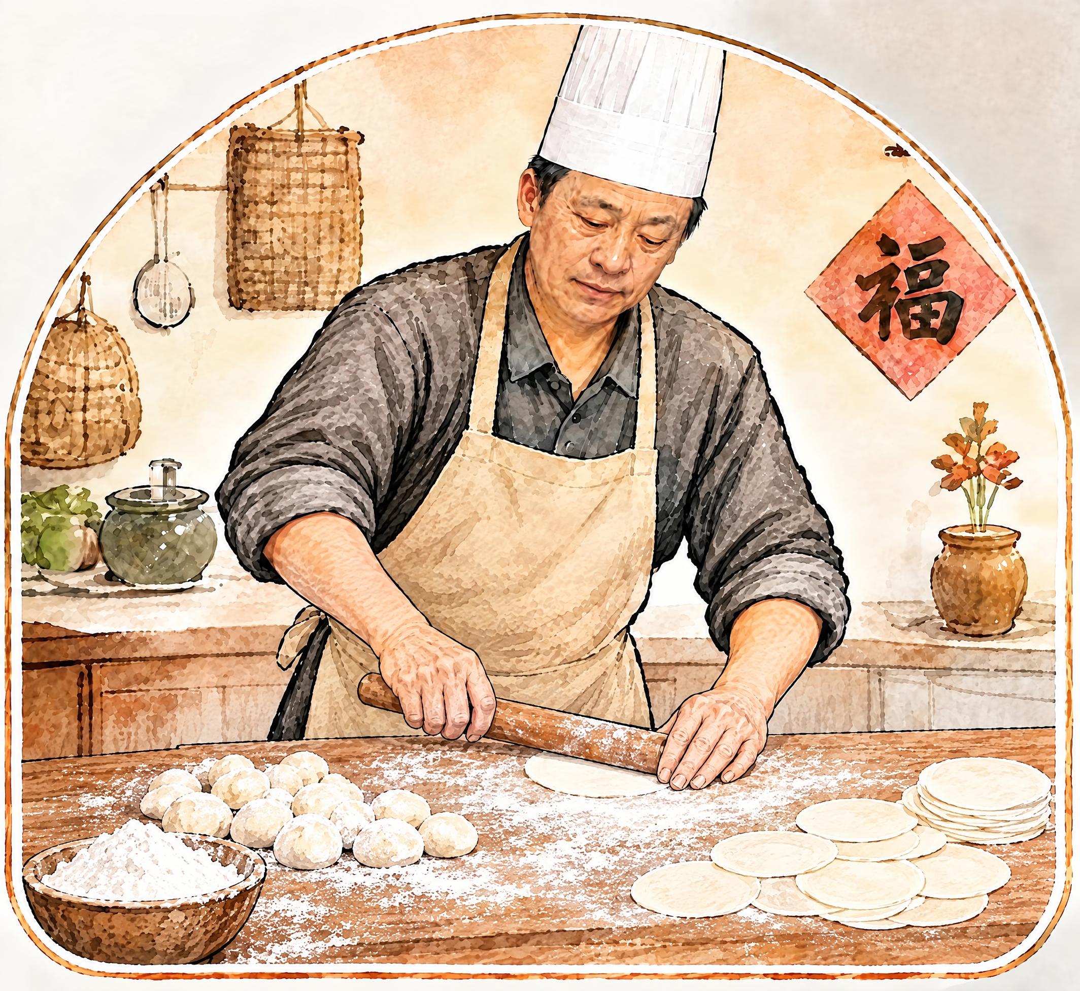 将拌馅场景改为擀饺子皮场景：桌面上的大馅盆换成撒有面粉的案板，… - 图片创意预览