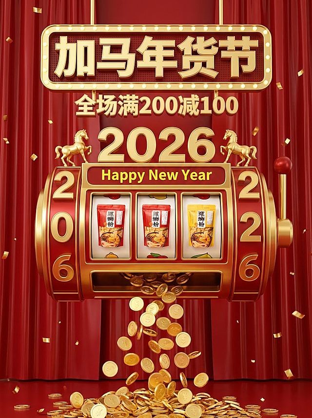 3D写实风，视觉中心是一台老虎机造型装置（悬空，正面视角，金属材质金红配色，机器上装饰“2026”立体数字、小金马，机器中部装饰“Happy New Year”黄色小字，机器底部吐出大量金币），机器滚轮区转出图中商品。背景是红色光泽幕布，周围散落金色碎片。顶部金色3D灯牌标题“加马年货节”，副标题3d金色小字“全场满200减100”。