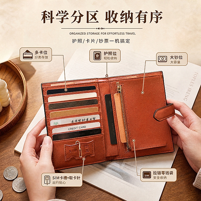 [商品] 使用【图10】打开的护照包内部收纳展示（含多卡位、拉链袋、SIM卡槽）；商品处理：保留棕色内里、多卡位插槽、拉链零钱袋、SIM卡槽+取卡针、护照位结构、缝线和五金拉链；增强皮面质感、拉链金属光泽和卡槽立体感，不改变内部结构和颜色。
[画面] 目标：内部收纳功能页，展示多隔层大容量设计。构图：打开的护照包位于画面中央偏下，双手轻扶两侧展示内部结构；主体占画面65%，背景为暖白色杂志页+暖木桌面+散落硬币；从各功能区引出细线标注；上方留白放标题。
[视觉] 套系策略：风格=轻复古杂志风皮具商业摄影；标题字=复古衬线粗体+英文无衬线副标；正文字=简洁无衬线体；主色=焦糖棕；背景延展=基于焦糖棕做深浅层级、暖木色渐变和细腻纸张/皮革质感；强调色=米杏色，仅用于小面积图标、引线和标签底衬；标题色=深棕褐；正文色=暖中灰；组件=圆角浅棕信息卡、细棕线引线、复古标签；光影=左上暖柔光，柔和投影。
[文字] 上方主标题「科学分区 收纳有序」，副标题「护照/卡片/钞票一机搞定」；5处引线标注：「护照位 轻松收纳」「多卡位 分类存放」「大钞位 大容量」「拉链零钱袋 安全收纳」「SIM卡槽+取卡针 出行贴心」；文字全部横排，标签不遮挡内部结构。
[规格] 图片比例1:1，4K，medium；避免变形、错字、文字过小、冷蓝背景、结构失真、颜色改变。