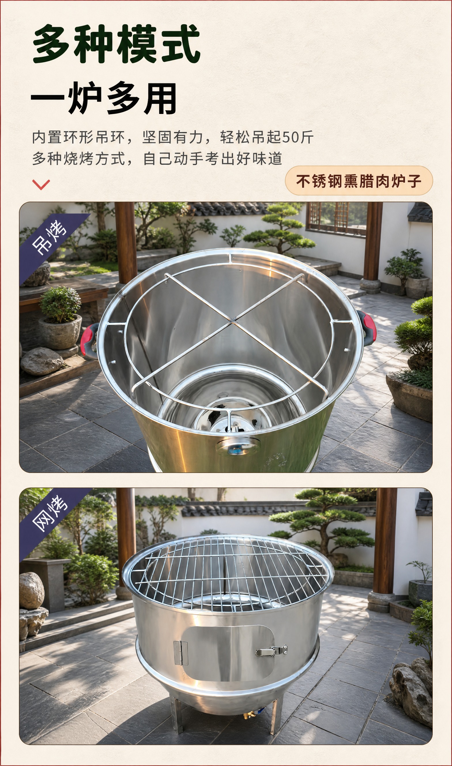 对这张不锈钢熏肉炉详情页细节配件页做防比价重绘：上下两张产品细… - 图片创意预览