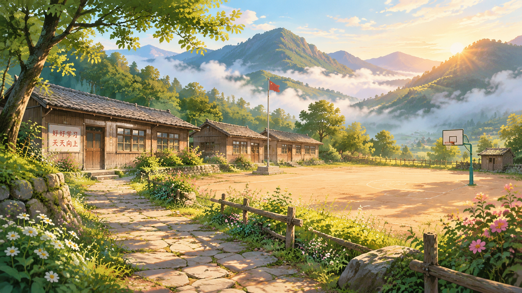 简朴的山村小学校园，几间低矮的木质平房教室，朴素的木门木窗，简… - 图片创意预览