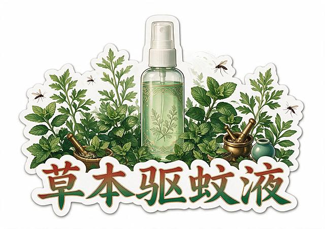 去掉图中的卡通宋代小人，只保留草本驱蚊液喷雾瓶子、底部「草本驱蚊液」大字、周围的草本植物（艾草、薄荷）、药臼、小瓷罐、篮子、蚊子等装饰元素。整体重新构图，将驱蚊液瓶子放在画面中央偏上位置，底部是大字标题，周围环绕草本植物和蚊子元素，保持异形KT板的不规则外轮廓，背景透明，宋式国潮风格保持不变，印刷级高清