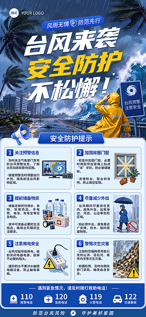 台风降雨暴雨预警安全防护温馨提示全屏竖版海报