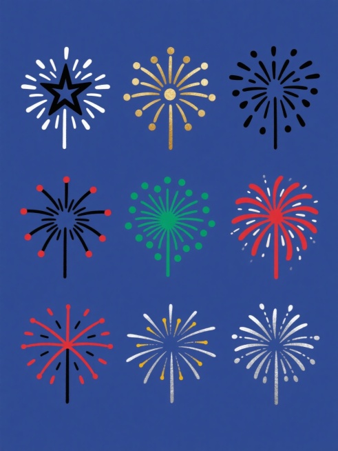 纯色背景上规整排布的九个完全不同造型的烟花图案系列素材集合，每个烟花均以简洁流畅的黑色线条勾勒，呈现出放射状、星形、点状装饰等多样化的烟花绽放形态，保持统一的简约手绘风格和负空间运用，整体色彩变换为[此处可替换为具体颜色，如：深蓝色背景配白色烟花/红色背景配金色烟花/绿色背景配银色烟花等]，确保各烟花元素形态完整且彼此区分明显，画面信息传达清晰，具有强烈的图案设计感和装饰性。预览效果