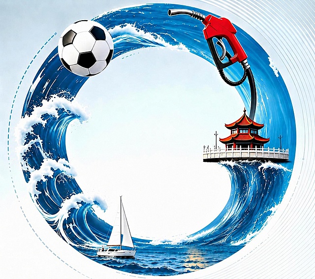 将亭子整体移动至右侧海浪的波峰之上，使其仿佛立于浪尖，保持亭子结构与栏杆完整；其余元素（足球、油枪、帆船、左侧海浪）位置与风格不变