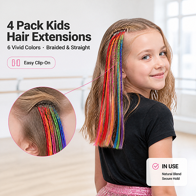 [主图-2] 商品名称：4 Pack Kids Clip-In Hair Extensions with 6 Vivid Colors – Braided & Straight Hair Pieces for Dance Party & Performance。唯一任务：真实佩戴使用场景图，证明发片夹上后与真发自然融合、六色效果活泼好看。
[统一基调] 明亮干净的跨境电商 listing 视觉：背景主色为冷白到浅灰白的柔和棚拍底（#F2F3F5 系）；主标题字色为近黑炭灰（#1E2226），辅助文案统一缩小 60% 同为炭灰；强调色统一为亮粉红（#FF4D8D），只用于细线图标标签与小面积标记；全套只用一种现代无衬线粗体字体外观，允许字号层级变化，不混用字体、不拉伸压扁；组件统一为圆角细边图标标签、细线放大圈与轻微半透明白底小卡片，不用厚重色块、通栏和边框；柔和影棚柔光，浅色柔和接触影，画面通透干净。
[画面] 明亮的现代舞蹈教室，浅色木地板与浅灰白墙面，背景大幅虚化；一位 8 岁欧美白人小女孩，蜂蜜金色中长发、齐肩微卷、圆脸、神态自然，以三分之四侧后视角站在画面右三分之一，头部不顶边；她在耳侧编出两条细辫，辫中夹入红橙粉绿蓝紫六色发片，发片自然垂落到肩下，夹子被真发覆盖，形成自然的固定完成状态；产品彩发是画面唯一视觉焦点；画面左侧中部用细线放大圈展示一束发片与真发自然衔接、夹子被头发遮盖的固定细节；右下角放一个圆角细边小卡片写明使用状态。
[光影质感] 柔和自然光加影棚补光，浅木地板上有柔和接触影，发丝有柔顺光泽与轻微半透光，皮肤与服装不过曝。
[配色] 背景保持冷白浅灰与浅木色环境色，产品彩虹色为画面唯一高饱和色块。
[文字版式] 主标题英文「4 Pack Kids Hair Extensions」横排放于画面左侧留白，炭灰粗体最大；辅助行缩小 60%「6 Vivid Colors · Braided & Straight」；圆角细边图标标签英文「Easy Clip-On」；全部横排，不遮挡脸部与发片，不出现中文。
[输出要求] 1:1 正方形，人物与产品清晰、接触关系真实；负向：变形、错字、模糊、杂乱背景、多余手指、畸形手、扭曲五官、水印、平台 Logo。