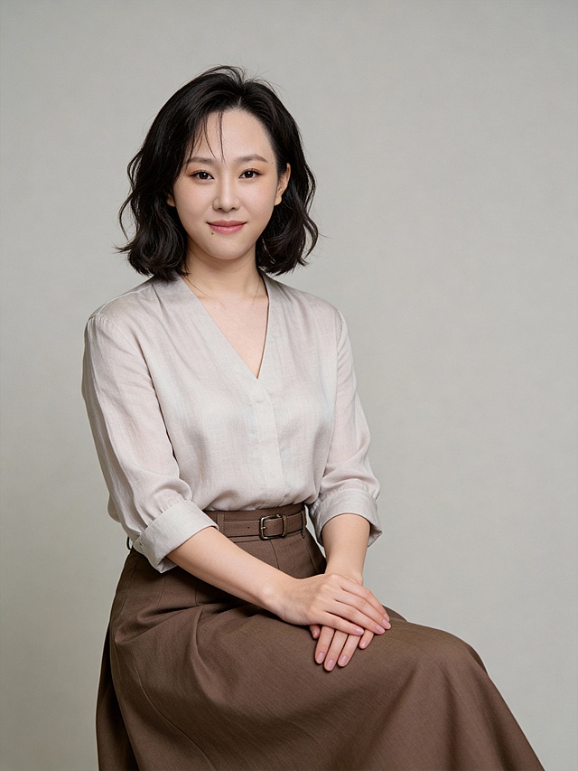 参考第一张图保留人物脸型､年龄特征生成职场轻熟风人像写真,肤质白皙细腻,坐姿风格简约优雅､色调柔和统一,50mm焦段,F/4光圈(F/2.8-F/4区间),相机与人物距离3米,横向16:9比例(左右预留环境空间),人物占画面60%,参考第二张图人物占位和比例(头部发型完整),平视视角,人物居中构图,头肩比例协调,身穿浅米灰色哑面棉麻精梳棉纱质感V领衬衫,卡其深棕色高腰长裙(配细腰带)造型优雅干练,优雅坐姿双手交叠自然搭于腿上,姿态放松舒展,主体锐利,韩式美颜磨皮精致浓妆,均匀肤色提亮肤色,齐肩微卷短发,发丝柔顺,顶部微微蓬松,碎发自然垂落,温柔知性,自然裸妆(清透底妆+淡色唇妆),妆感轻薄,眼神直视镜头,目光坚定且澄澈,表情自然.嘴角上扬,气质自信温婉温和亲和感内敛;均匀肤色,专业人像摄影写真,头部完整,结构准确;修饰脸型,肤质哑光细腻,轻透裸肌感,32K画质,去除人物之外的所有元素,零噪点降噪,中灰度浅暖杏灰色纯色背景,简洁干净｡严格按照第一张图内容生成。