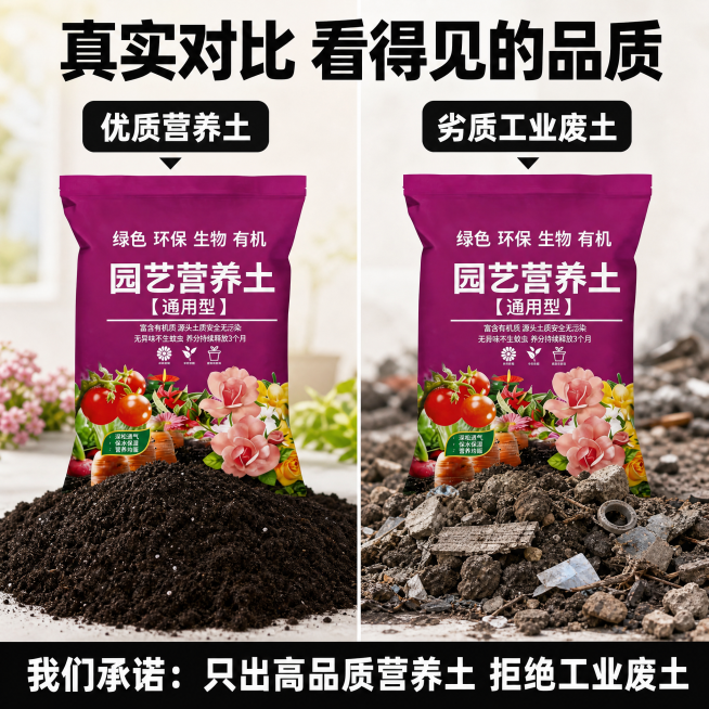 [主图-2] 营养土核心优势对比展示图
[氛围风格] 清晰对比园艺风，直白醒目符合拼多多风格
[画质] 商业摄影质感、光线柔和通透、产品清晰真实、画面干净高级
[元素] 左半图展示我们紫色包装营养土取预览效果