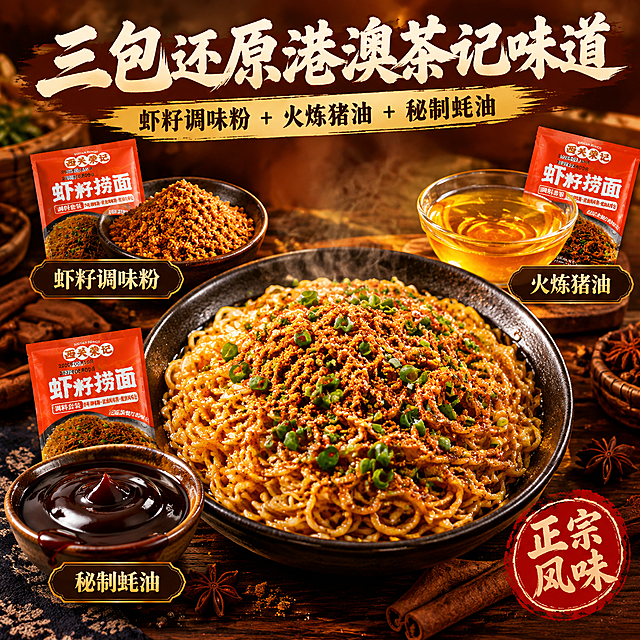 [主图-3] 虾籽捞面配料卖点图，核心任务是展示虾籽调味粉、火炼猪油、秘制蚝油三大配料，突出风味正宗。
[统一基调] 暖色调食欲风，背景主色为深棕色到暖橙色渐变，标题字色为米白色粗笔刷书法字，辅助字色为浅金色，强调色为朱红色，字体样式为粗笔刷书法字（主标题）+ 清爽黑体（辅助文案），配料卡片为深色底金边。
[画面] 画面中央是一碗拌好的虾籽捞面特写，面条油亮金黄、裹满虾籽粉、撒葱花，热气腾腾；面条周围呈三角摆放三个配料展示卡片/小碗：①左上角一小碗棕红色虾籽粉，旁边放调料包小袋②右上角一小碗金黄透亮的火炼猪油，油体光泽③左下角一小碗浓稠的秘制蚝油，油亮挂壁；每个配料旁有对应独立小包装调料包（与输入图2包装一致）；背景是深色木质纹理，点缀八角、桂皮等香料元素增加风味感；不得出现虾仁。
[光影质感] 暖调侧逆光，突出猪油的通透油亮、蚝油的浓稠挂壁、虾籽粉的细腻颗粒感，面条表面有高光油亮，整体浓郁诱人的美食摄影质感。
[配色] 背景深棕到暖橙渐变，主标题米白，配料卡片深棕金边，强调字朱红，整体浓郁暖色调。
[文字版式] 顶部主标题“三包还原港澳茶记味道”粗笔刷书法字；主标题下方小字“虾籽调味粉 + 火炼猪油 + 秘制蚝油”；三个配料旁分别标注“虾籽调味粉”“火炼猪油”“秘制蚝油”金色小字；右下角印章“正宗风味”；文字不遮挡面条主体。
[输出要求] 1:1正方形，文字清晰无错字，产品包装外观与输入图一致，禁止出现虾仁，禁止变形模糊水印平台Logo，禁止绝对化用语。